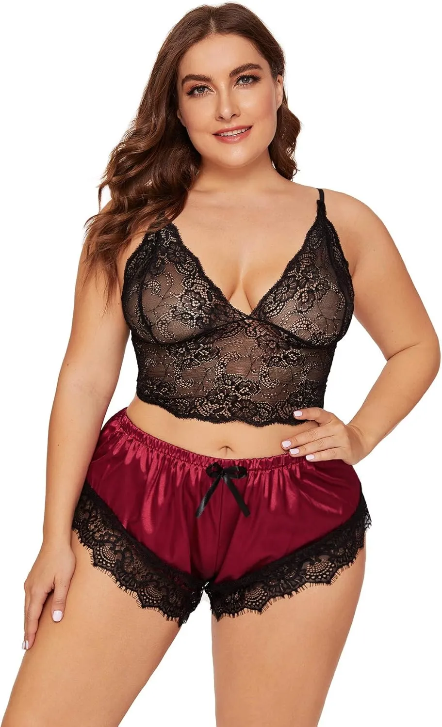 SOLY HUX Women's Plus Size Lingerie Set Spaghetti Strap Lace Trim Bralette and Shorts Sleepwear Pajama Set