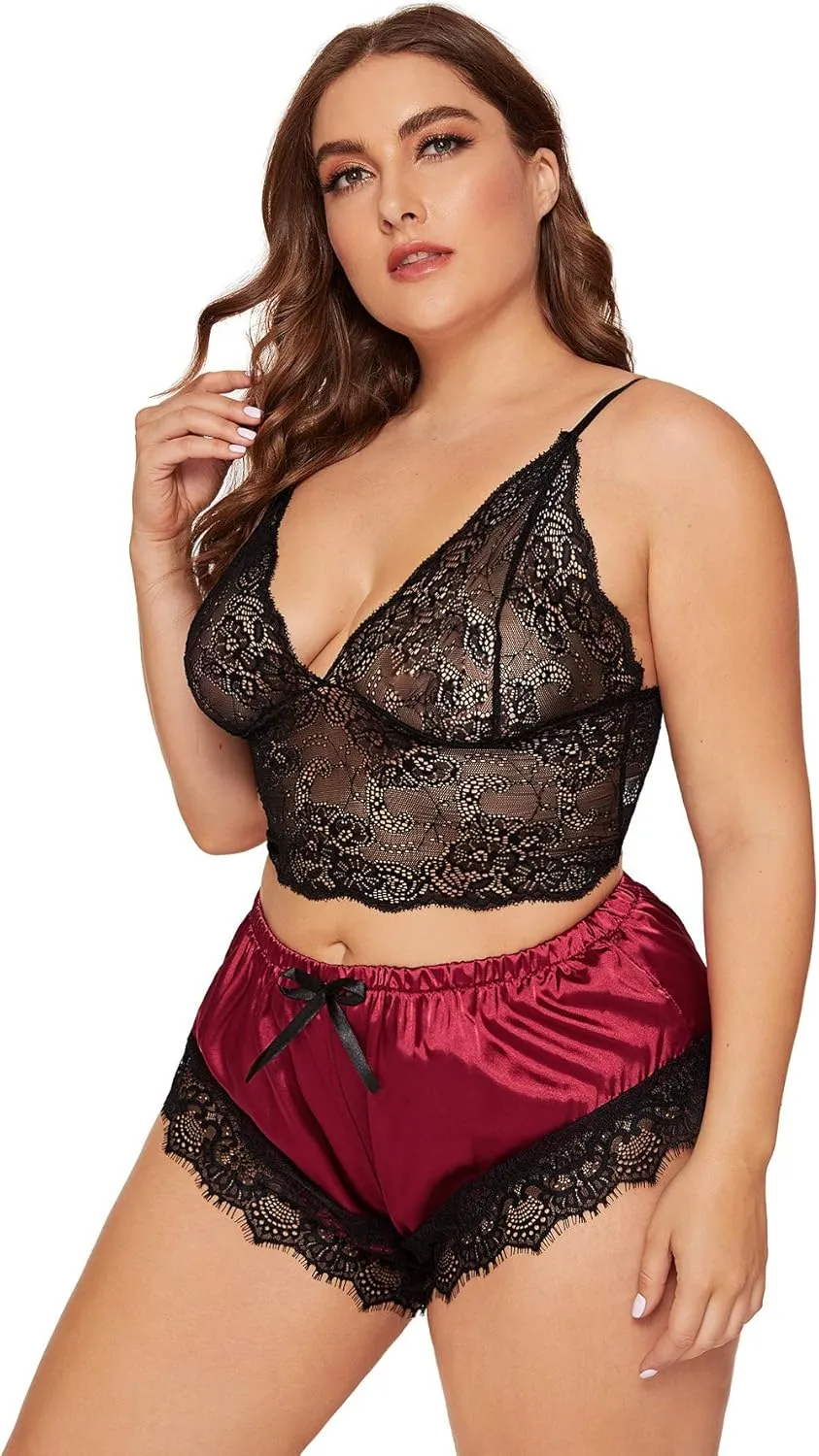SOLY HUX Women's Plus Size Lingerie Set Spaghetti Strap Lace Trim Bralette and Shorts Sleepwear Pajama Set