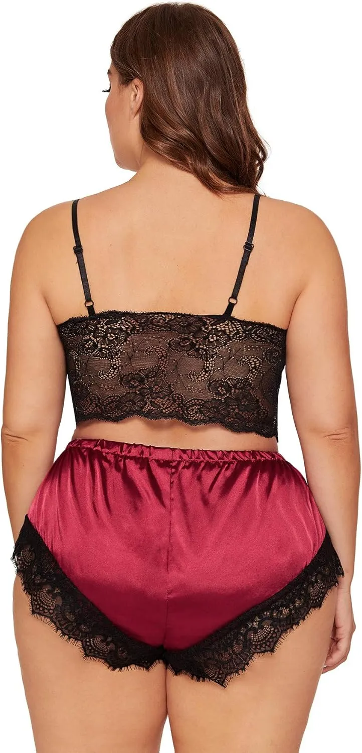 SOLY HUX Women's Plus Size Lingerie Set Spaghetti Strap Lace Trim Bralette and Shorts Sleepwear Pajama Set