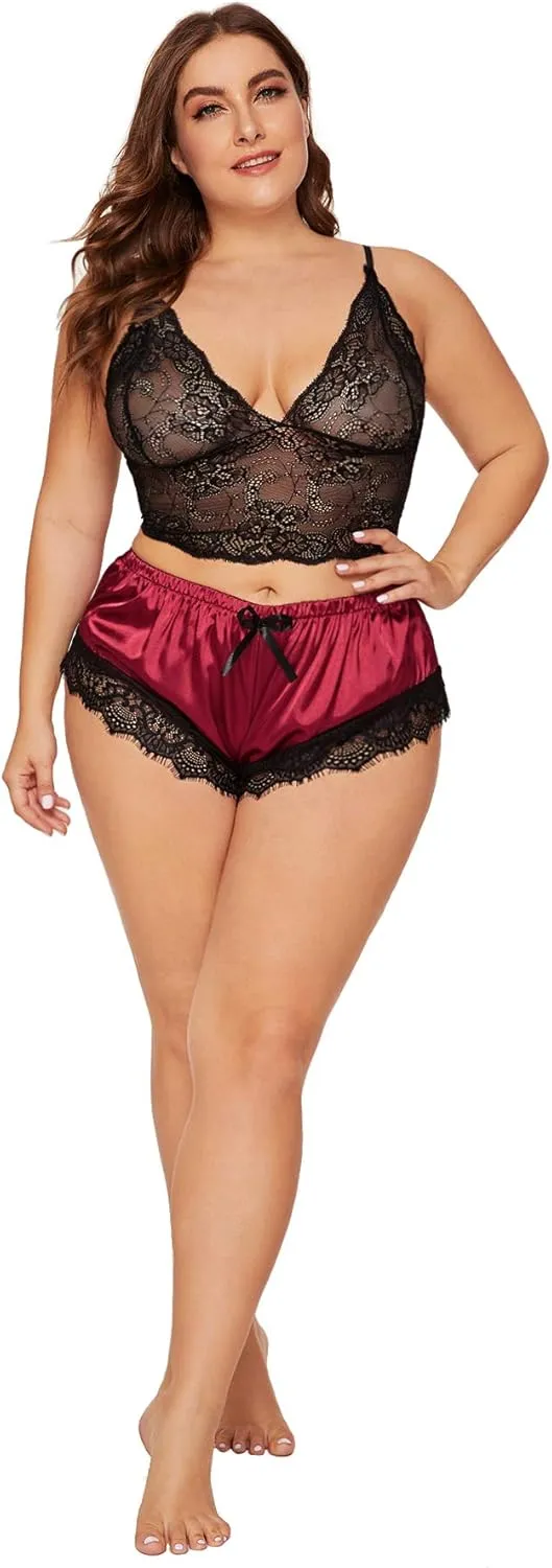 SOLY HUX Women's Plus Size Lingerie Set Spaghetti Strap Lace Trim Bralette and Shorts Sleepwear Pajama Set