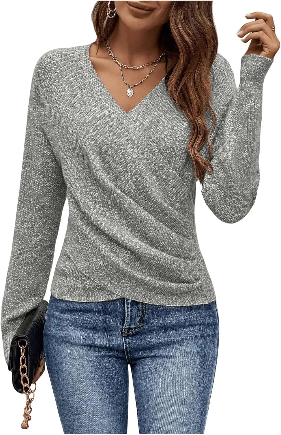 SOLY HUX Women's V Neck Long Sleeve Off Shoulder Sweaters Criss Cross Wrap Ruched Pullover Fall Tops