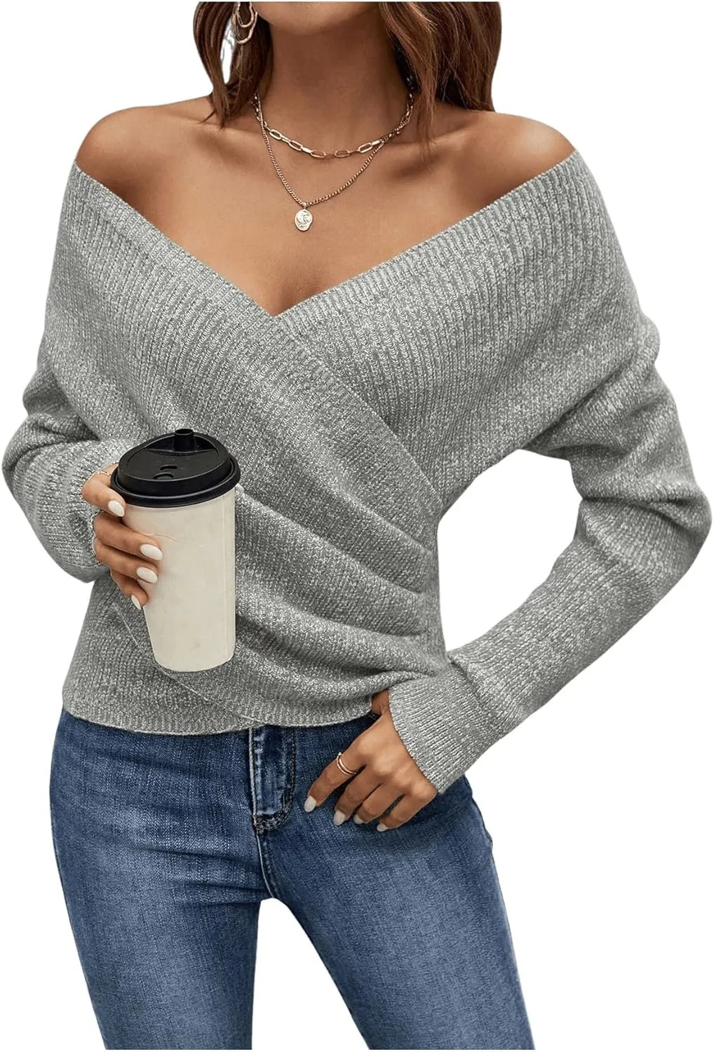 SOLY HUX Women's V Neck Long Sleeve Off Shoulder Sweaters Criss Cross Wrap Ruched Pullover Fall Tops