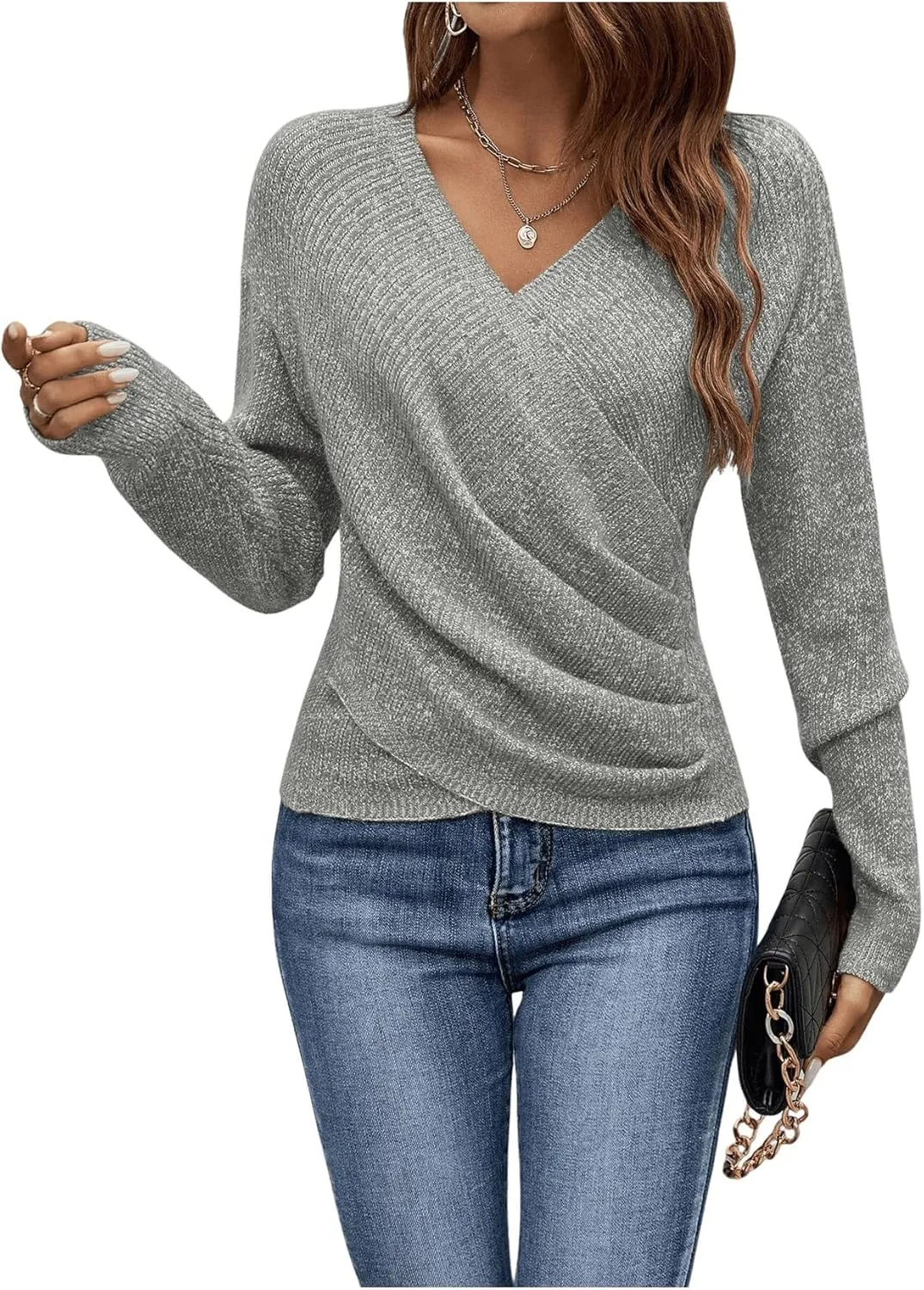 SOLY HUX Women's V Neck Long Sleeve Off Shoulder Sweaters Criss Cross Wrap Ruched Pullover Fall Tops