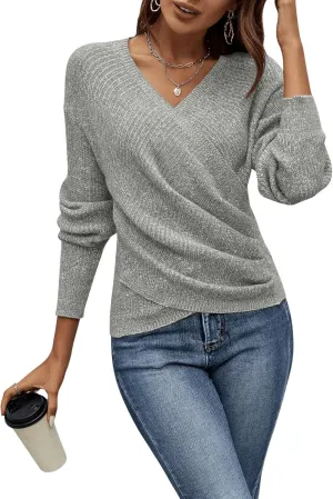 SOLY HUX Women's V Neck Long Sleeve Off Shoulder Sweaters Criss Cross Wrap Ruched Pullover Fall Tops