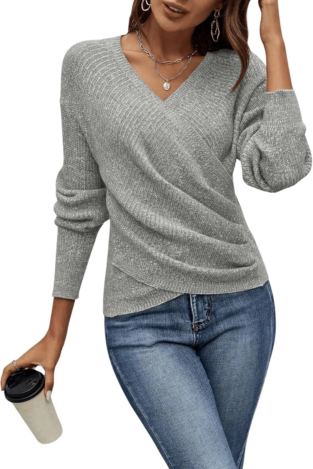 SOLY HUX Women's V Neck Long Sleeve Off Shoulder Sweaters Criss Cross Wrap Ruched Pullover Fall Tops