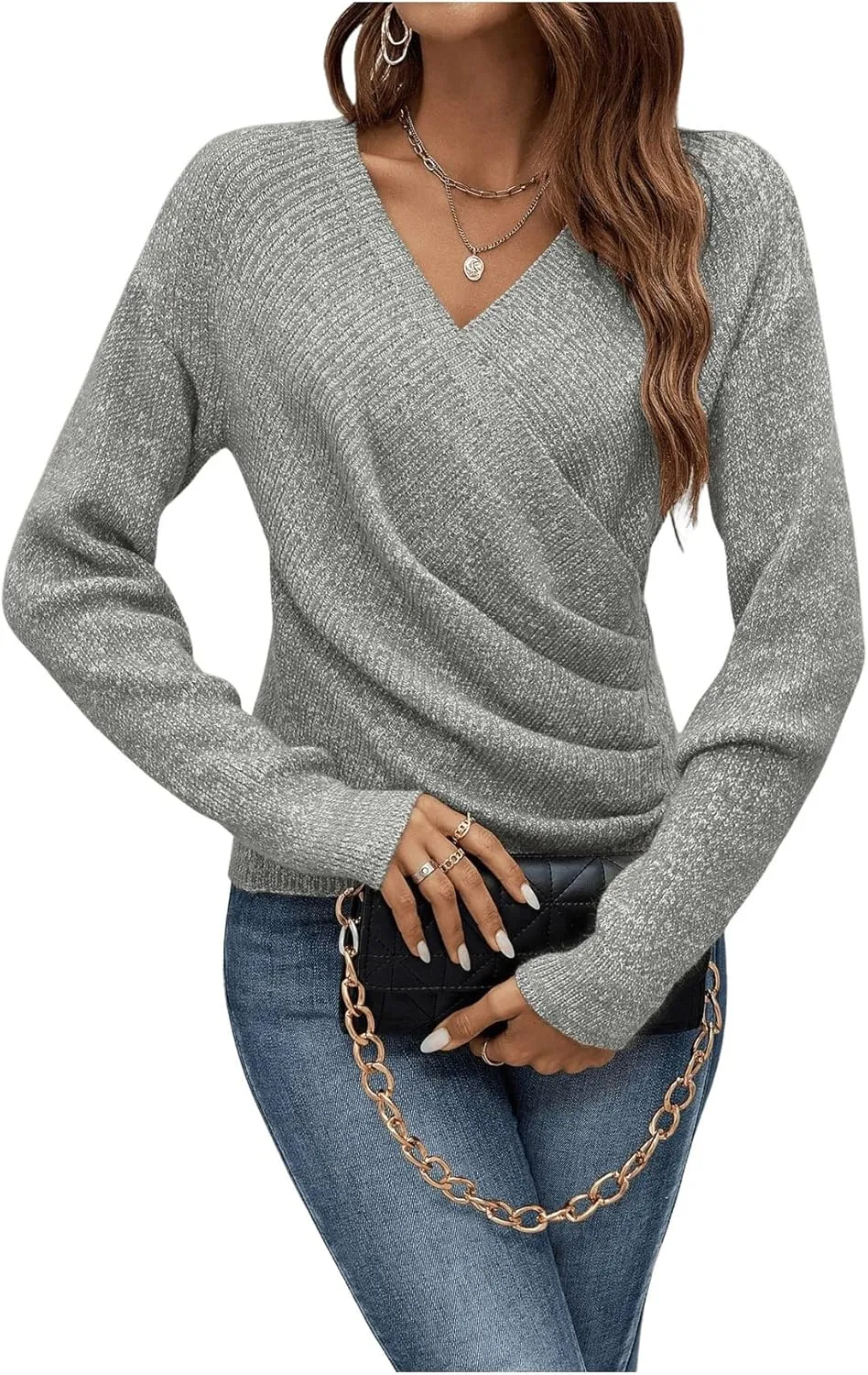 SOLY HUX Women's V Neck Long Sleeve Off Shoulder Sweaters Criss Cross Wrap Ruched Pullover Fall Tops
