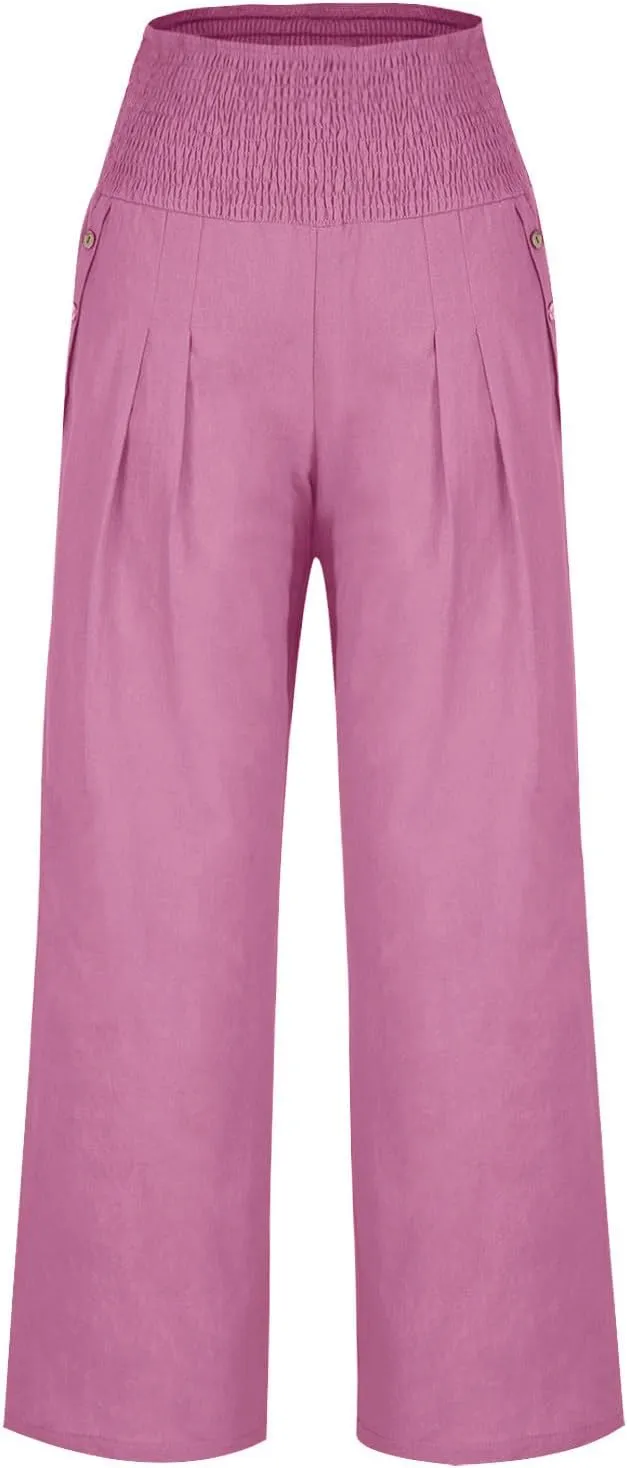 Summer Pants for Women 2024 Wide Leg Pants High Waisted Palazzo Pants Loose Flowy Pants Boho Beach Pants with Pockets