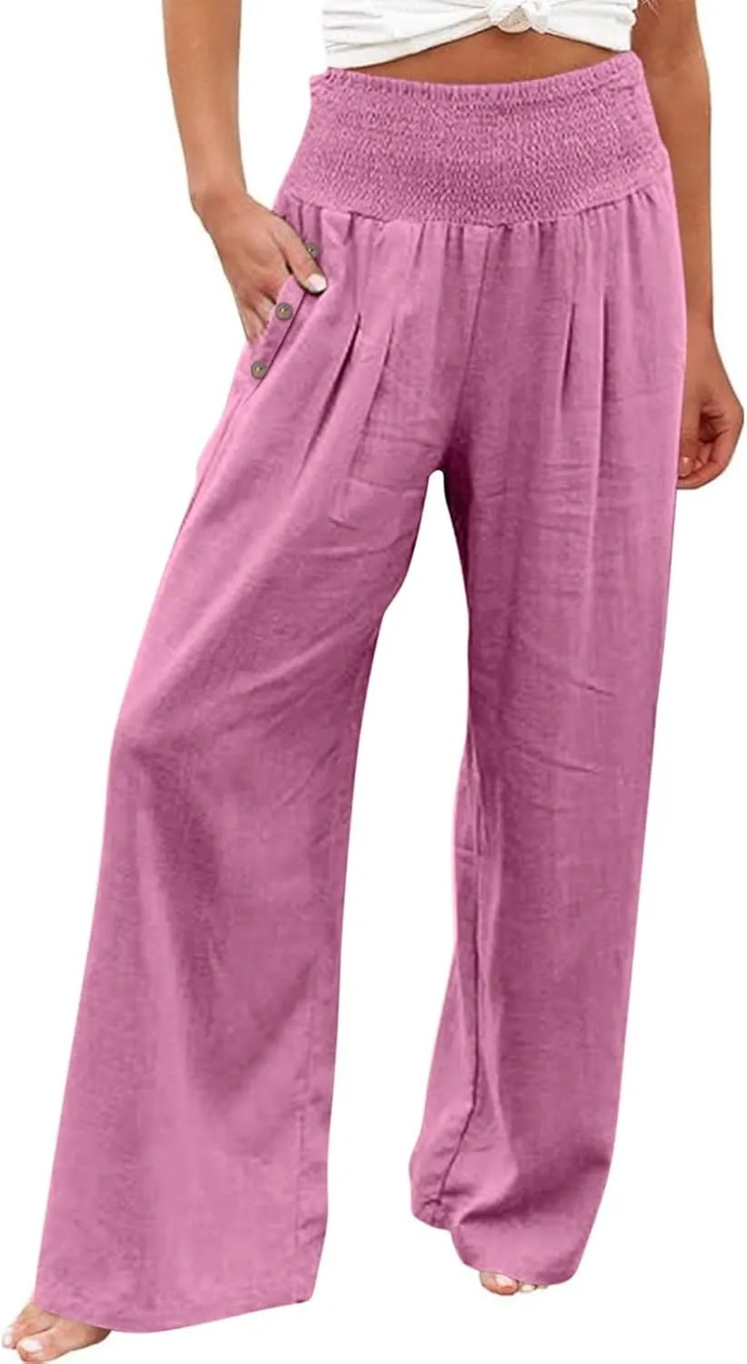 Summer Pants for Women 2024 Wide Leg Pants High Waisted Palazzo Pants Loose Flowy Pants Boho Beach Pants with Pockets