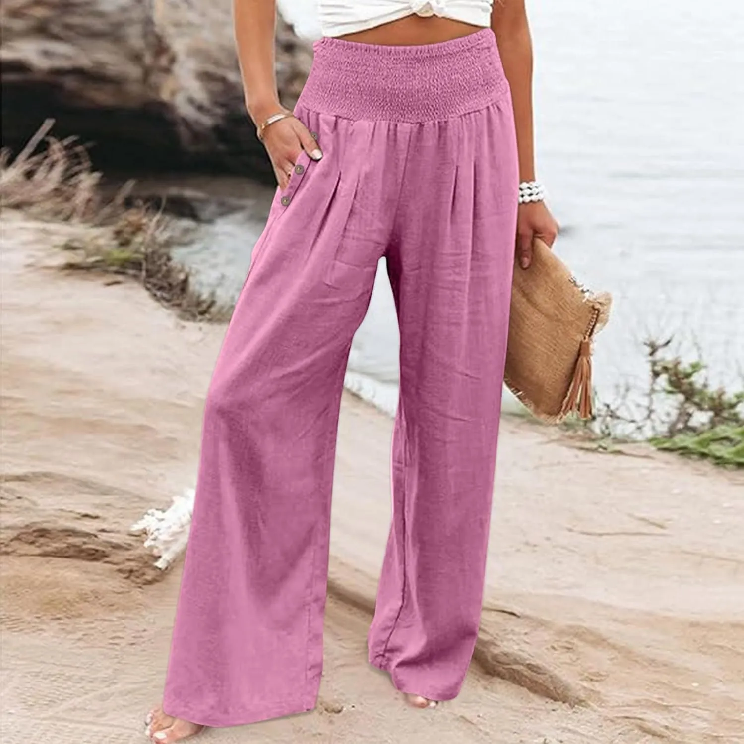 Summer Pants for Women 2024 Wide Leg Pants High Waisted Palazzo Pants Loose Flowy Pants Boho Beach Pants with Pockets