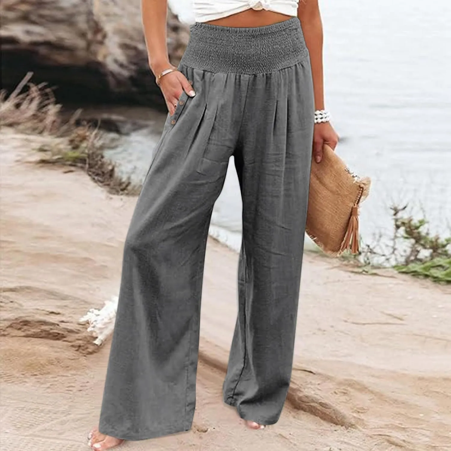 Summer Pants for Women 2024 Wide Leg Pants High Waisted Palazzo Pants Loose Flowy Pants Boho Beach Pants with Pockets