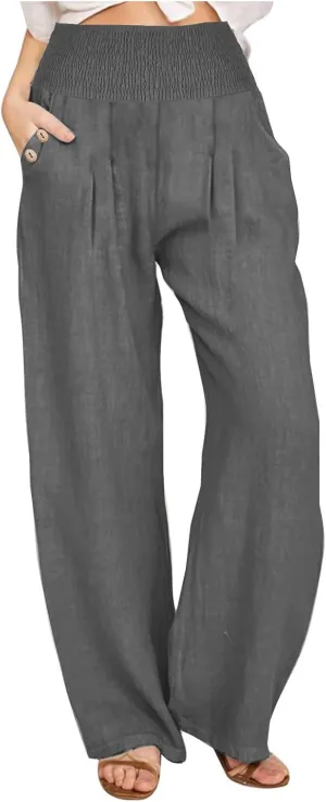 Summer Pants for Women 2024 Wide Leg Pants High Waisted Palazzo Pants Loose Flowy Pants Boho Beach Pants with Pockets