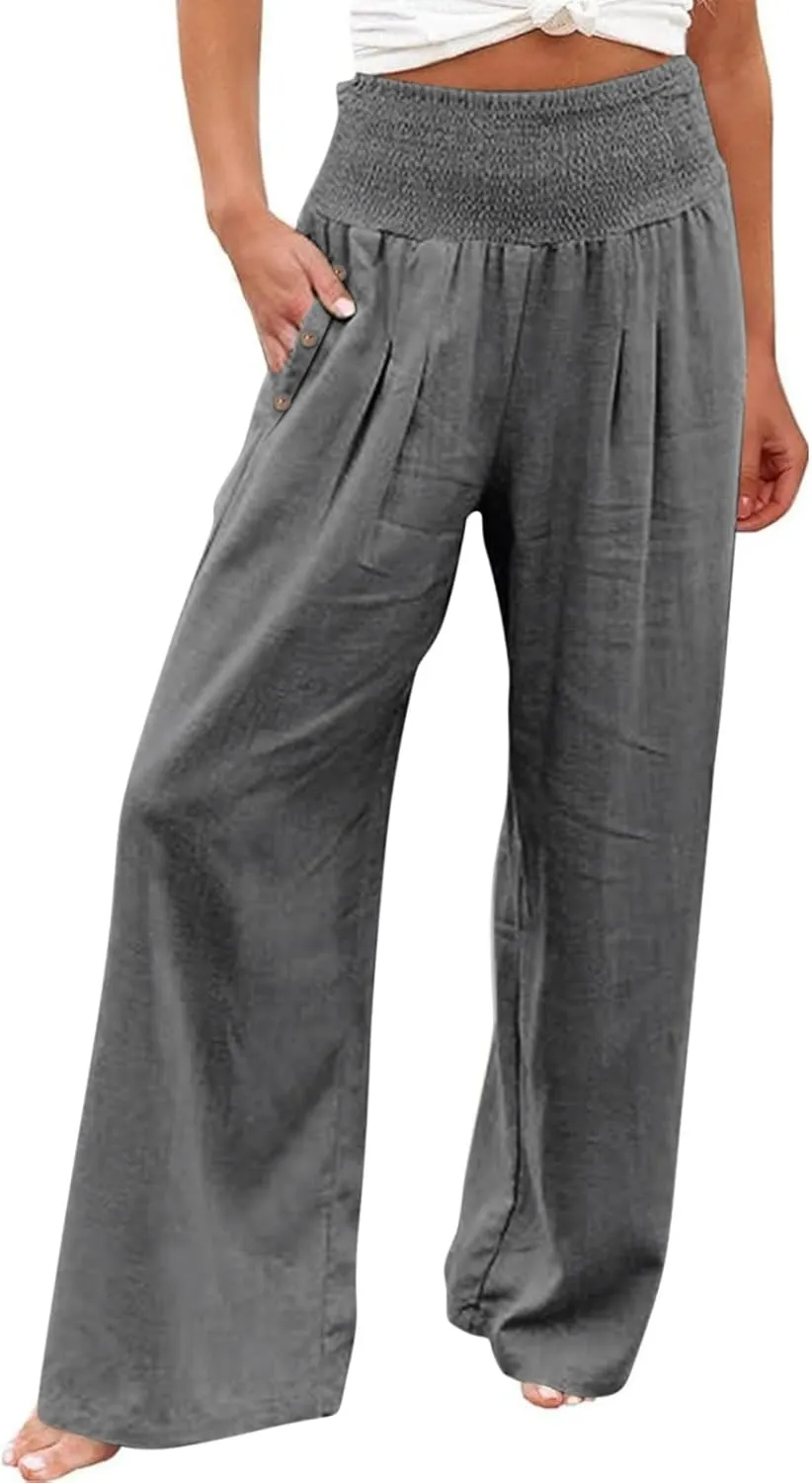 Summer Pants for Women 2024 Wide Leg Pants High Waisted Palazzo Pants Loose Flowy Pants Boho Beach Pants with Pockets