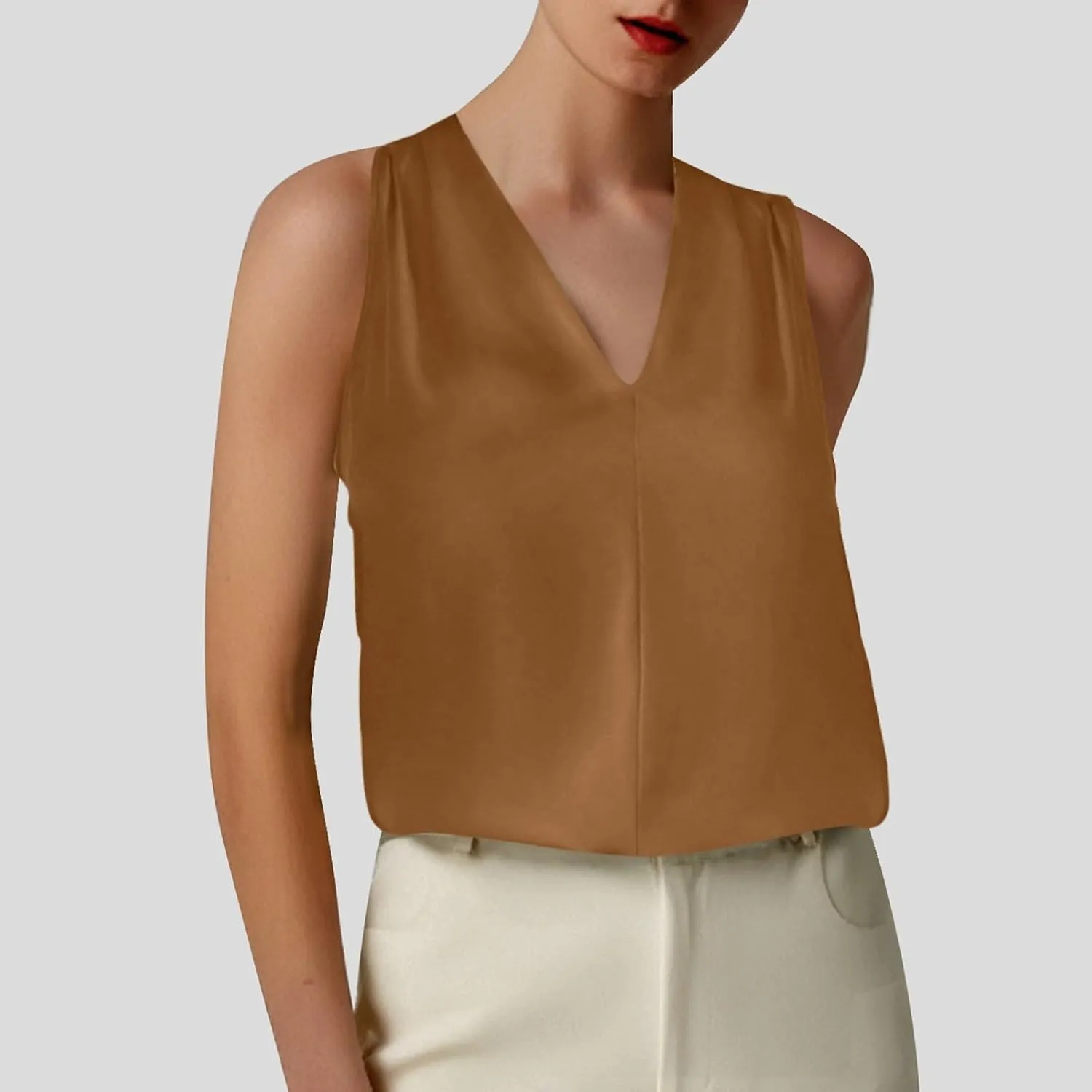 Summer Women's Silk Satin Tops Pleated V-Neck Sleeveless Blouses for Business/Vacation Dressy Casual Outfits​