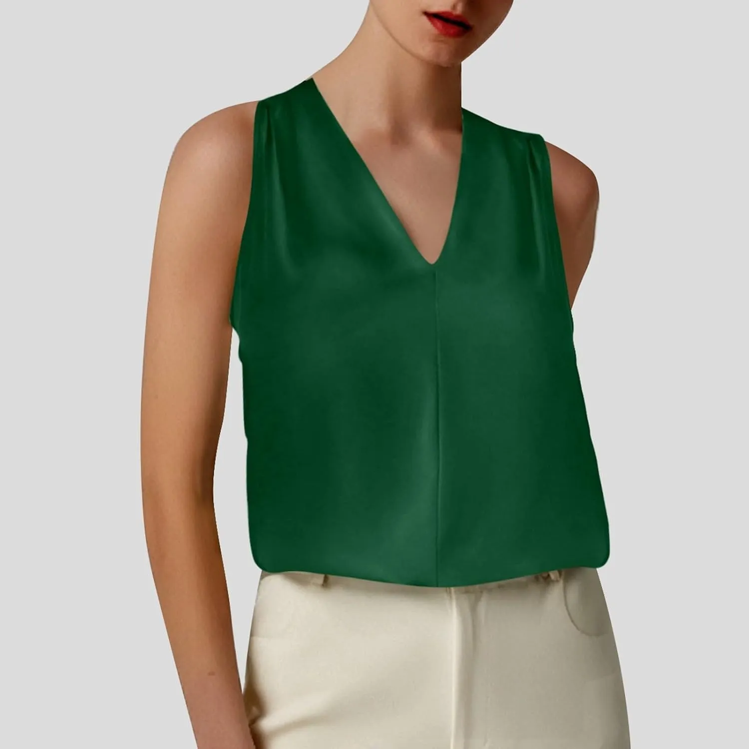 Summer Women's Silk Satin Tops Pleated V-Neck Sleeveless Blouses for Business/Vacation Dressy Casual Outfits​
