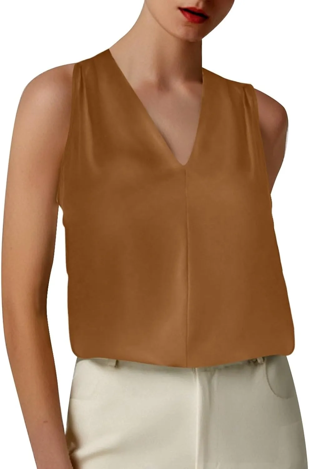 Summer Women's Silk Satin Tops Pleated V-Neck Sleeveless Blouses for Business/Vacation Dressy Casual Outfits​