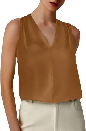 Summer Women's Silk Satin Tops Pleated V-Neck Sleeveless Blouses for Business/Vacation Dressy Casual Outfits​
