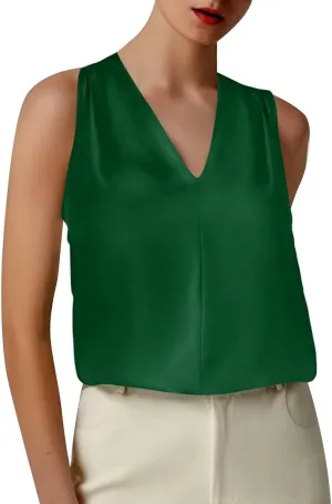 Summer Women's Silk Satin Tops Pleated V-Neck Sleeveless Blouses for Business/Vacation Dressy Casual Outfits​