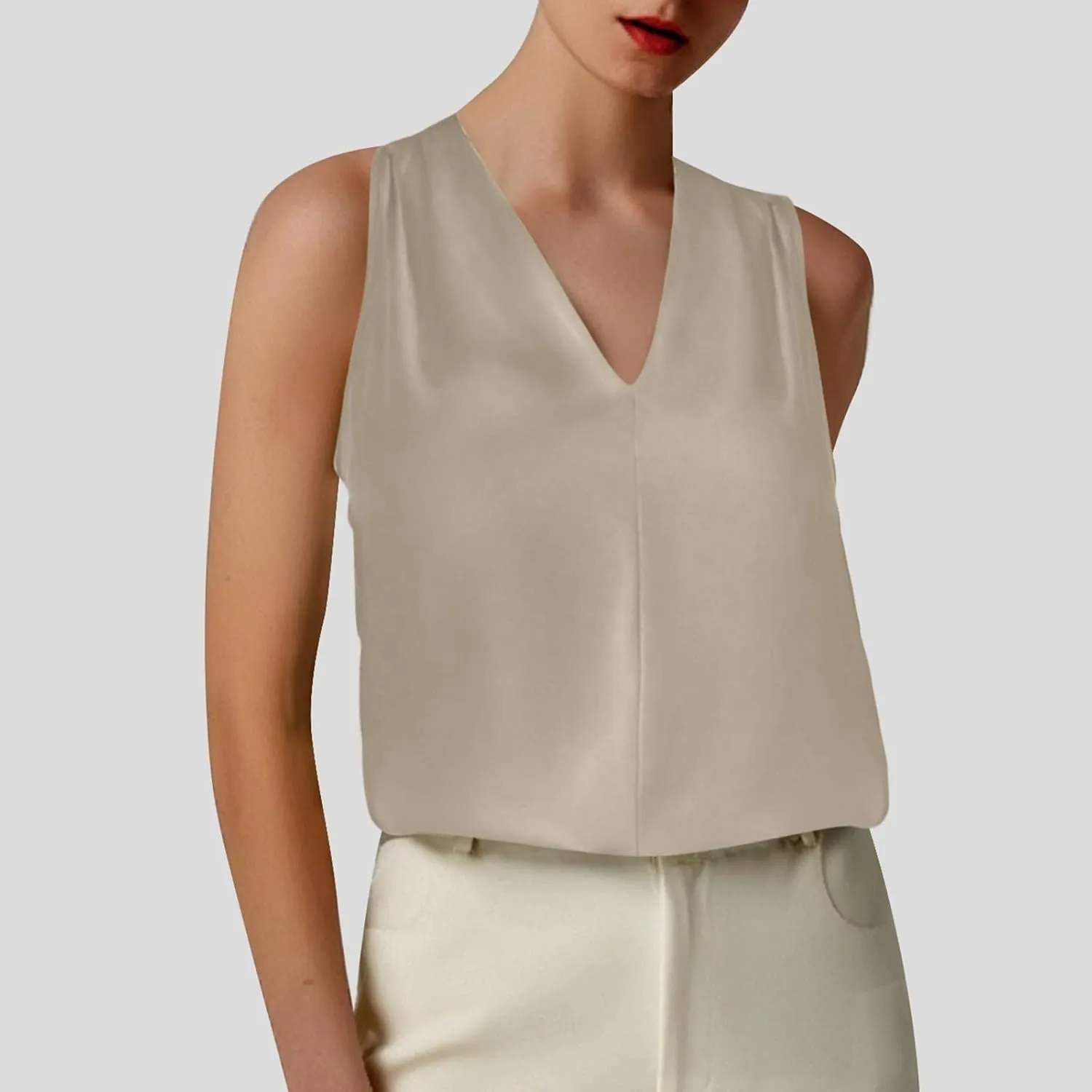 Summer Women's Silk Satin Tops Pleated V-Neck Sleeveless Blouses for Business/Vacation Dressy Casual Outfits​