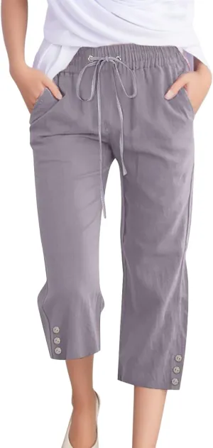 Sunward Capri Linen Pants for Women Wide Leg Casual Cotton Pant Loose Drawstrings High Waist Lounge Trousers with Pocket