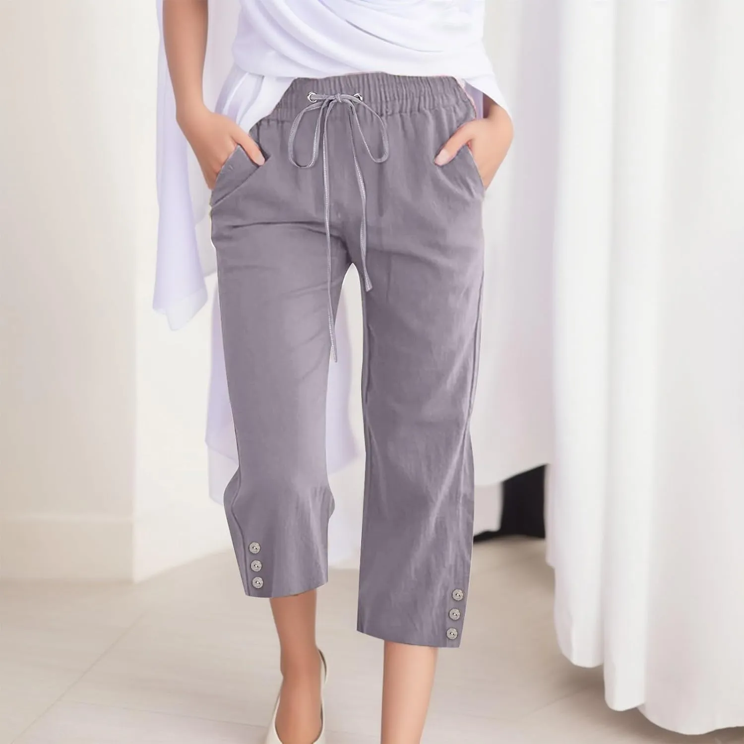 Sunward Capri Linen Pants for Women Wide Leg Casual Cotton Pant Loose Drawstrings High Waist Lounge Trousers with Pocket