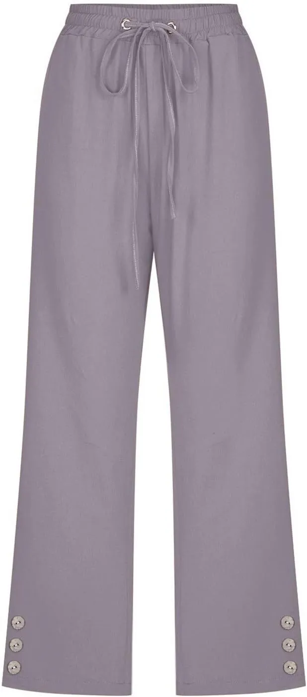Sunward Capri Linen Pants for Women Wide Leg Casual Cotton Pant Loose Drawstrings High Waist Lounge Trousers with Pocket