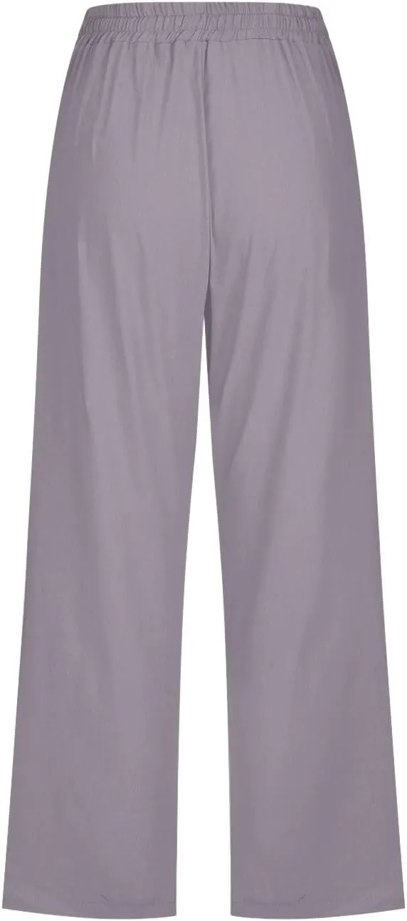 Sunward Capri Linen Pants for Women Wide Leg Casual Cotton Pant Loose Drawstrings High Waist Lounge Trousers with Pocket