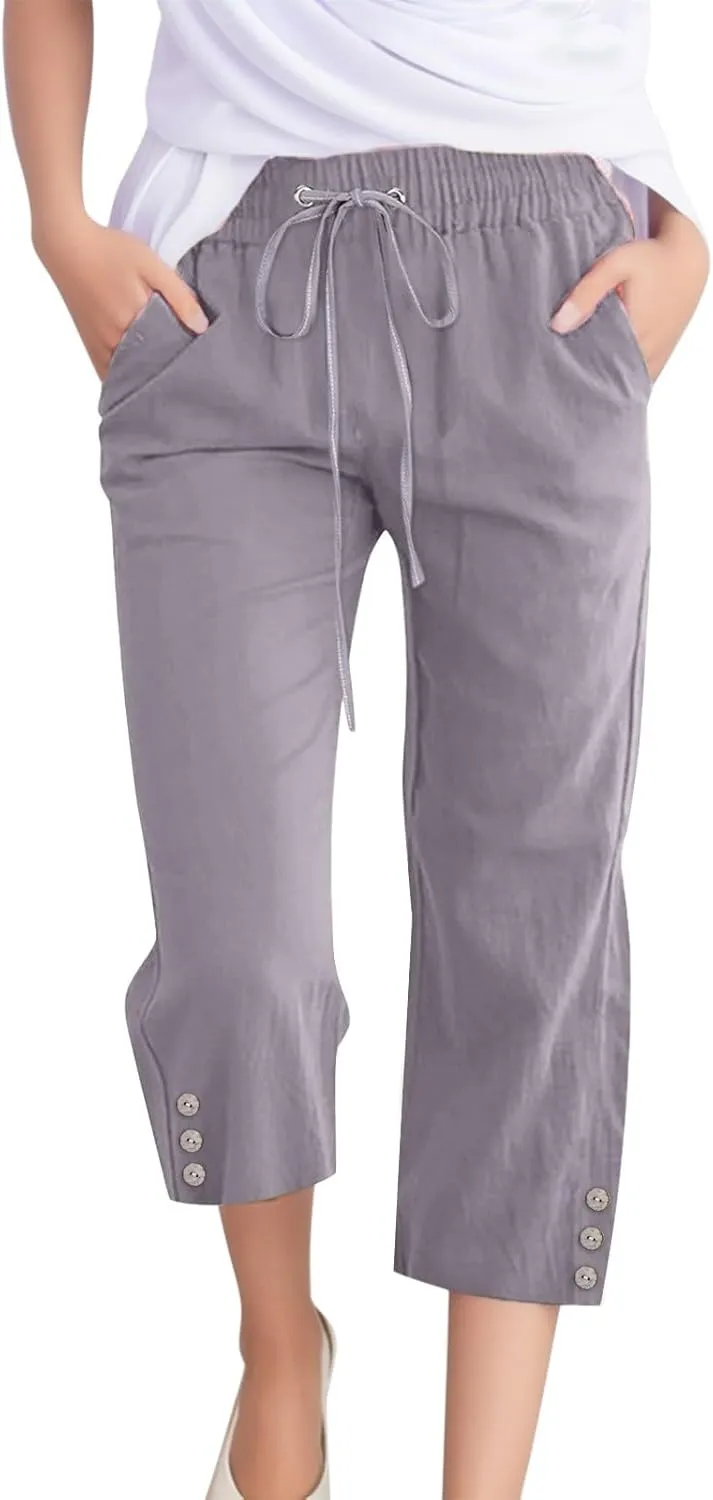 Sunward Capri Linen Pants for Women Wide Leg Casual Cotton Pant Loose Drawstrings High Waist Lounge Trousers with Pocket
