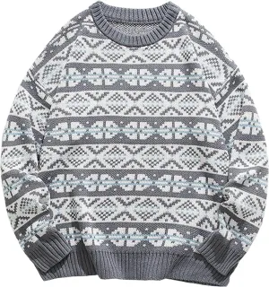 Sweaters for Men Vintage Knitted Sweater Round Neck Long Sleeve Sweaters Pullover Grassland Cow Sweater Pullover