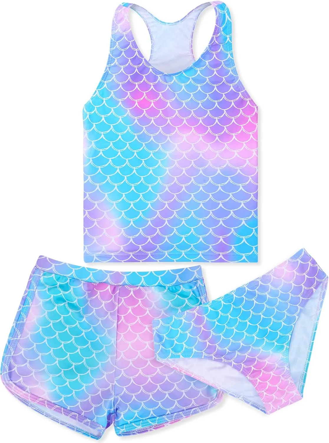 Sylfairy Girls 3 Piece Bathing Suit Summer UPF 50  Racerback Swimsuit with Shorts Beach Tankini Sets 8-15 Years
