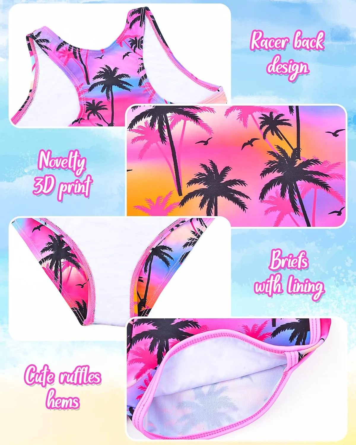 Sylfairy Girls 3 Piece Bathing Suit Summer UPF 50  Racerback Swimsuit with Shorts Beach Tankini Sets 8-15 Years
