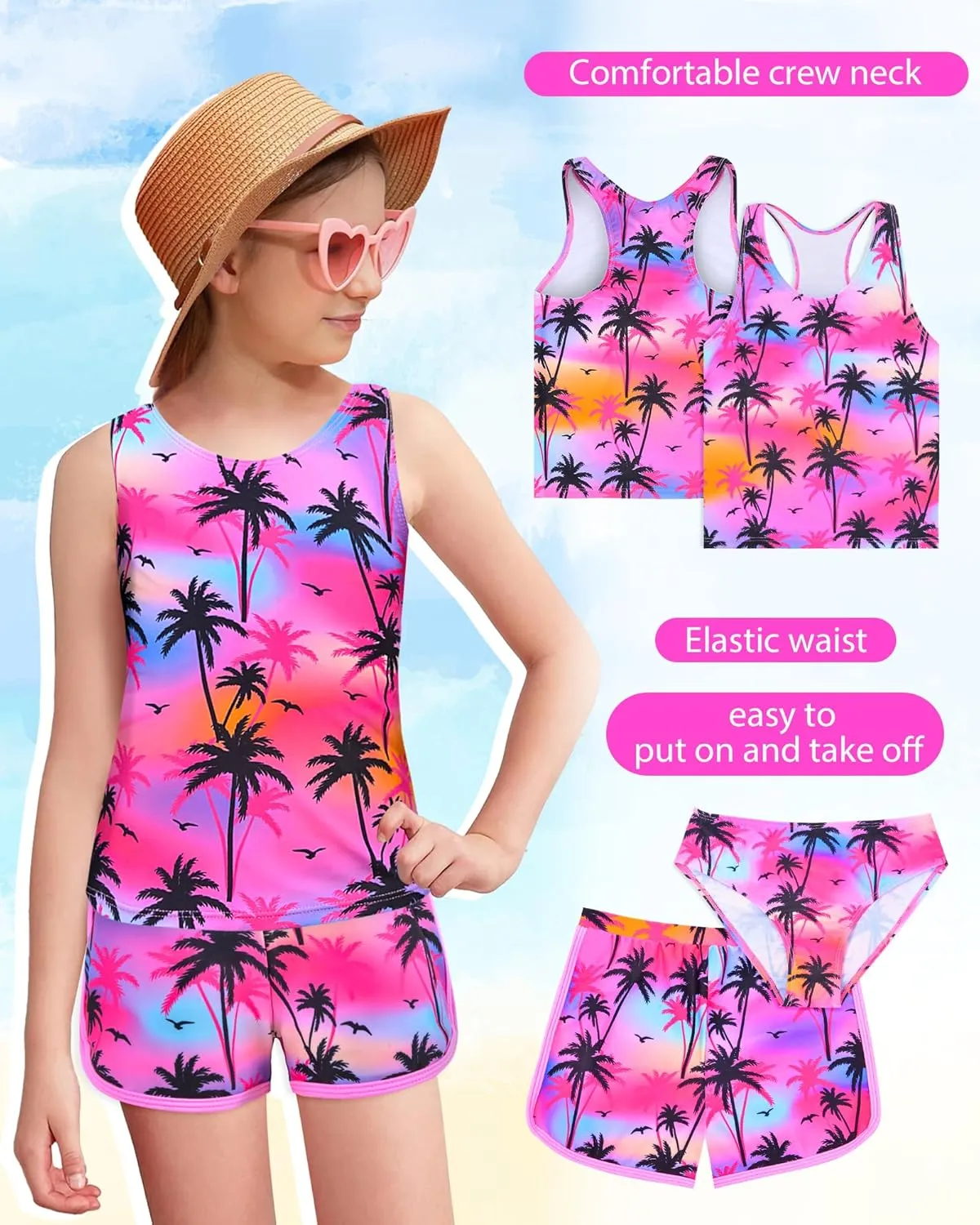 Sylfairy Girls 3 Piece Bathing Suit Summer UPF 50  Racerback Swimsuit with Shorts Beach Tankini Sets 8-15 Years