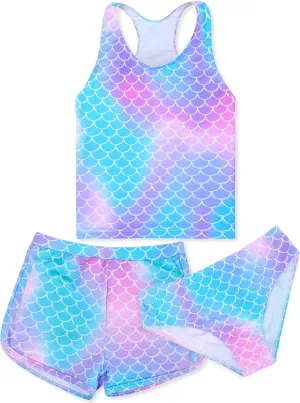 Sylfairy Girls 3 Piece Bathing Suit Summer UPF 50  Racerback Swimsuit with Shorts Beach Tankini Sets 8-15 Years