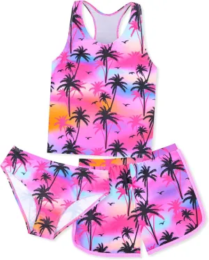 Sylfairy Girls 3 Piece Bathing Suit Summer UPF 50  Racerback Swimsuit with Shorts Beach Tankini Sets 8-15 Years