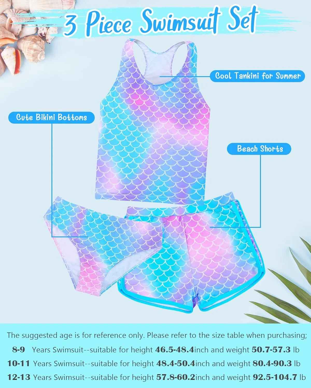 Sylfairy Girls 3 Piece Bathing Suit Summer UPF 50  Racerback Swimsuit with Shorts Beach Tankini Sets 8-15 Years