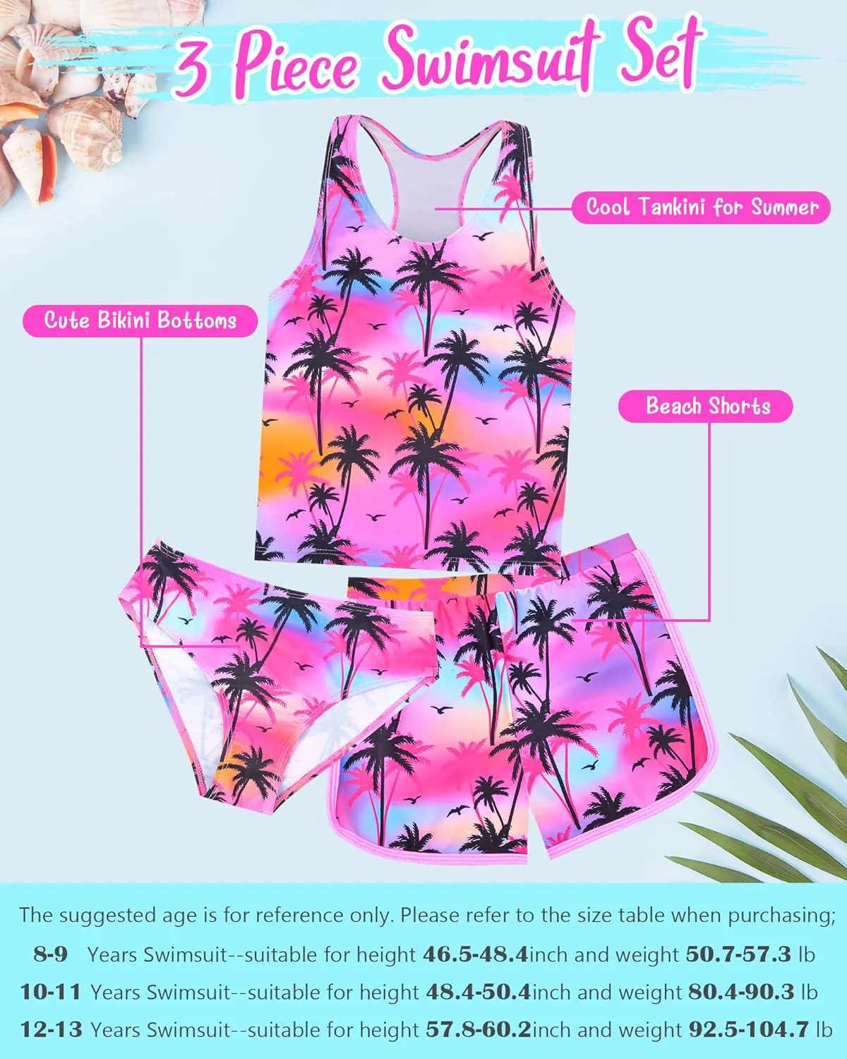Sylfairy Girls 3 Piece Bathing Suit Summer UPF 50  Racerback Swimsuit with Shorts Beach Tankini Sets 8-15 Years