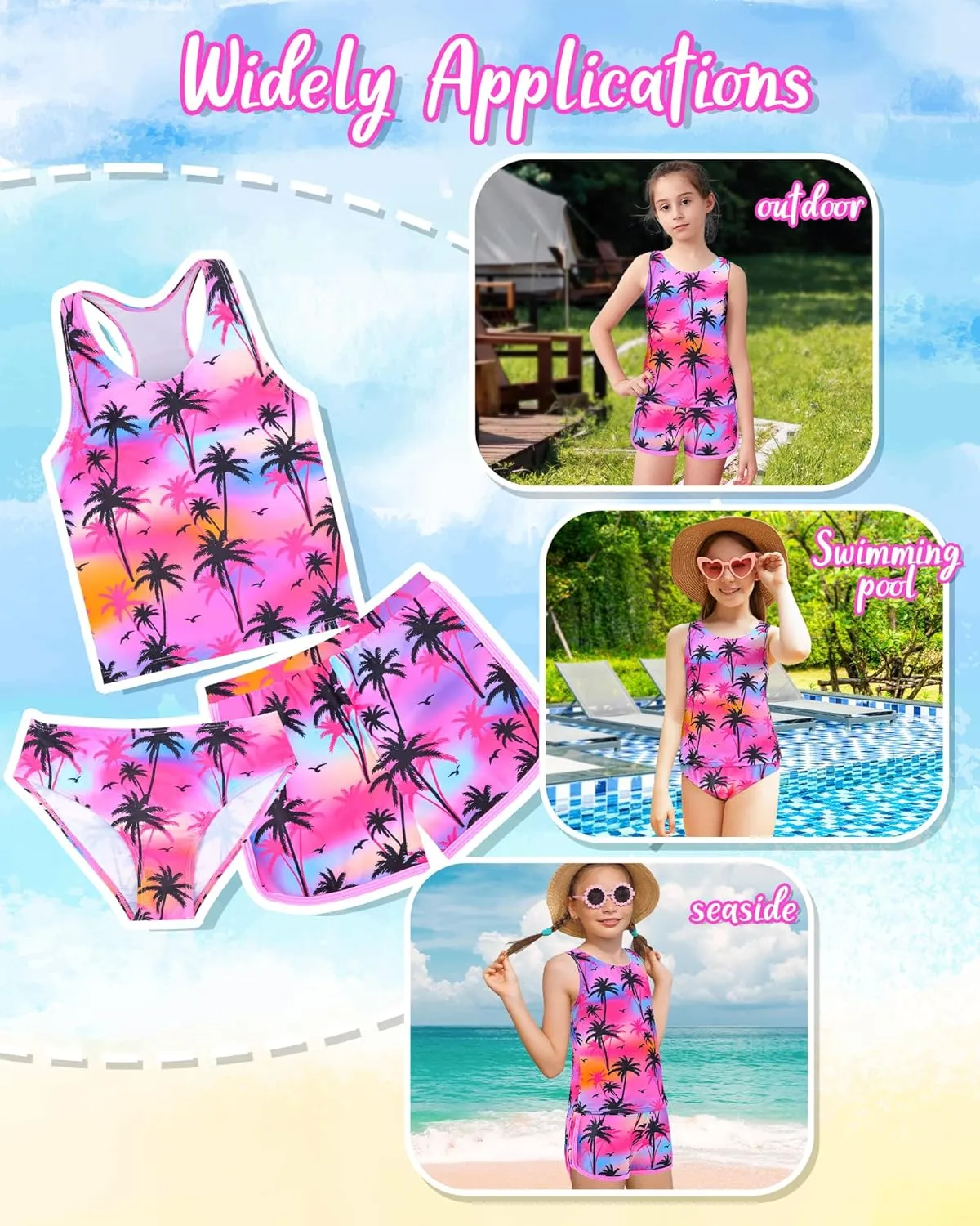 Sylfairy Girls 3 Piece Bathing Suit Summer UPF 50  Racerback Swimsuit with Shorts Beach Tankini Sets 8-15 Years