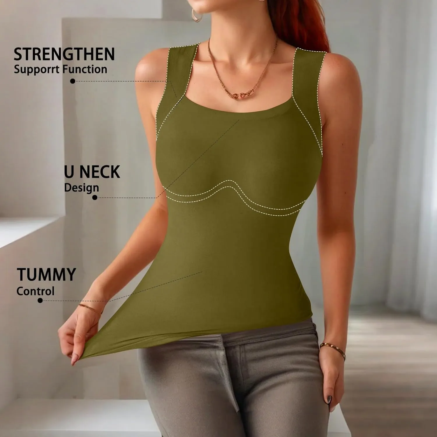 Tank Top with Built in Bra for Women Sleeveless U Neck Shapewear High Strechy Slim Fit Camisole Workout Tops