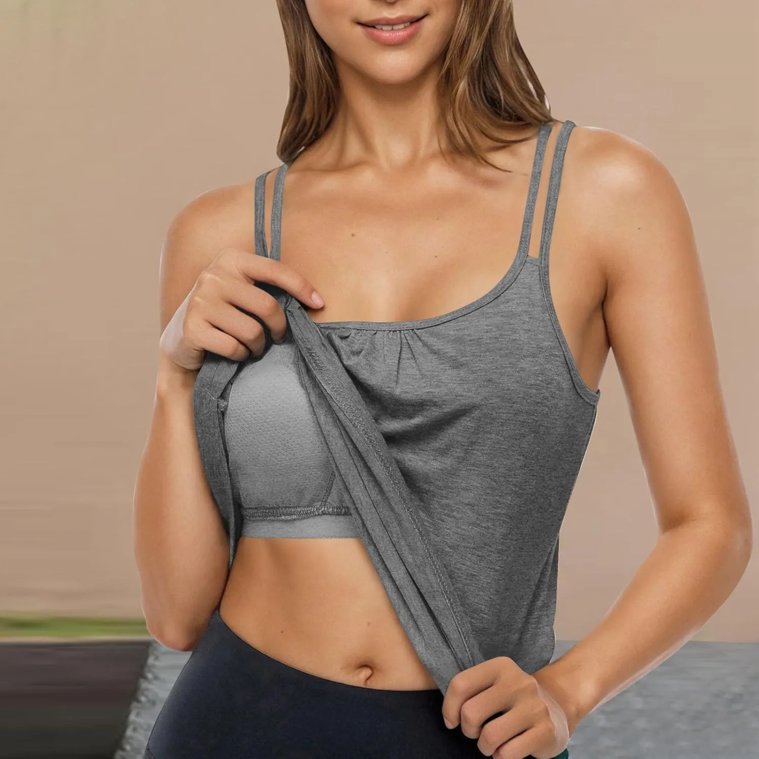 Tank Top with Built in Bra for Women Sports Cute Cami Shirts Summer Workout Camisoles Sleeveless Under Clothes