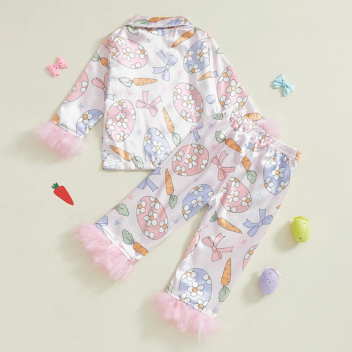 Toddler Baby Girl Boy Easter Satin Pajamas Set Cute Bunny Long Sleeve Button-up Shirt Top Long Pants Sleepwer