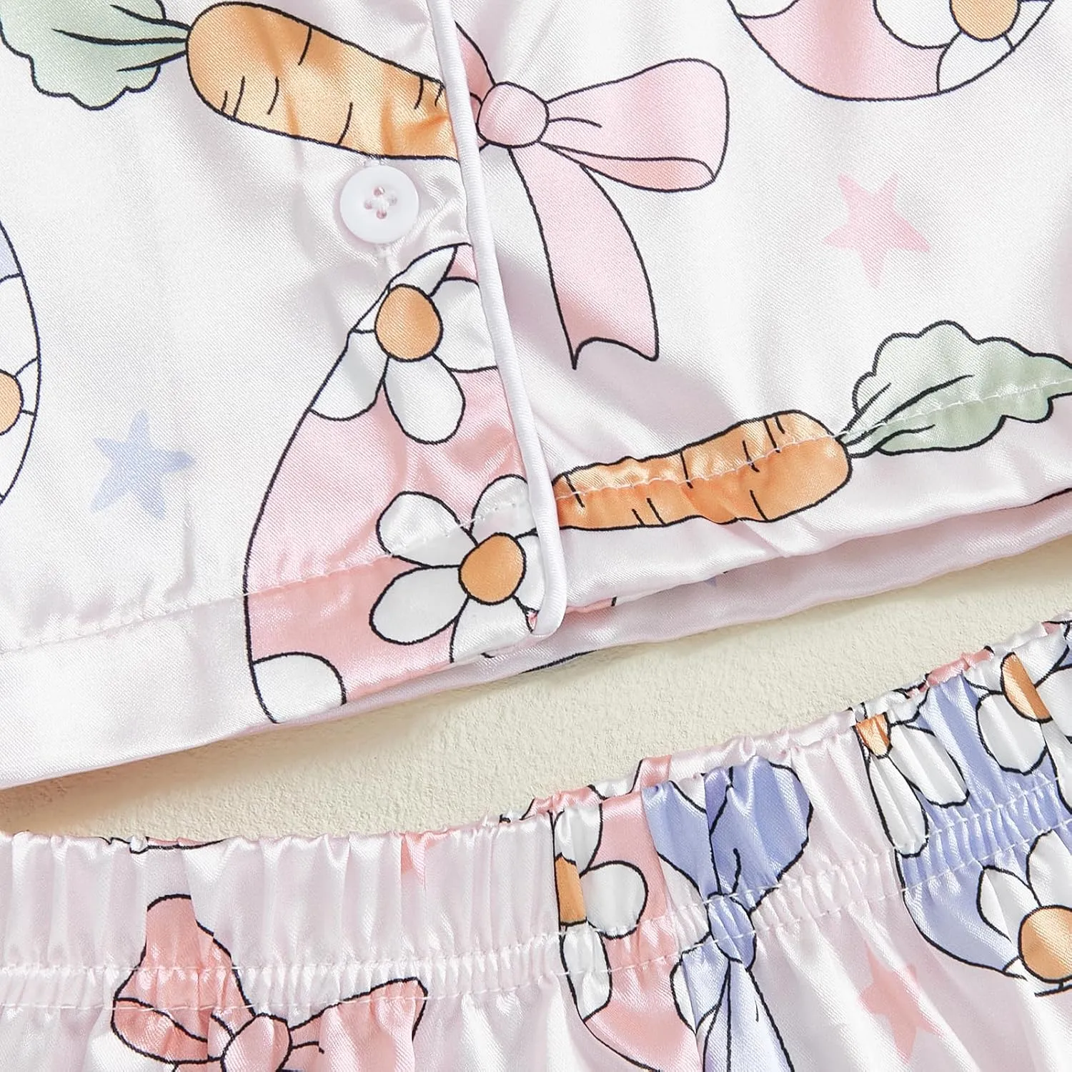 Toddler Baby Girl Boy Easter Satin Pajamas Set Cute Bunny Long Sleeve Button-up Shirt Top Long Pants Sleepwer