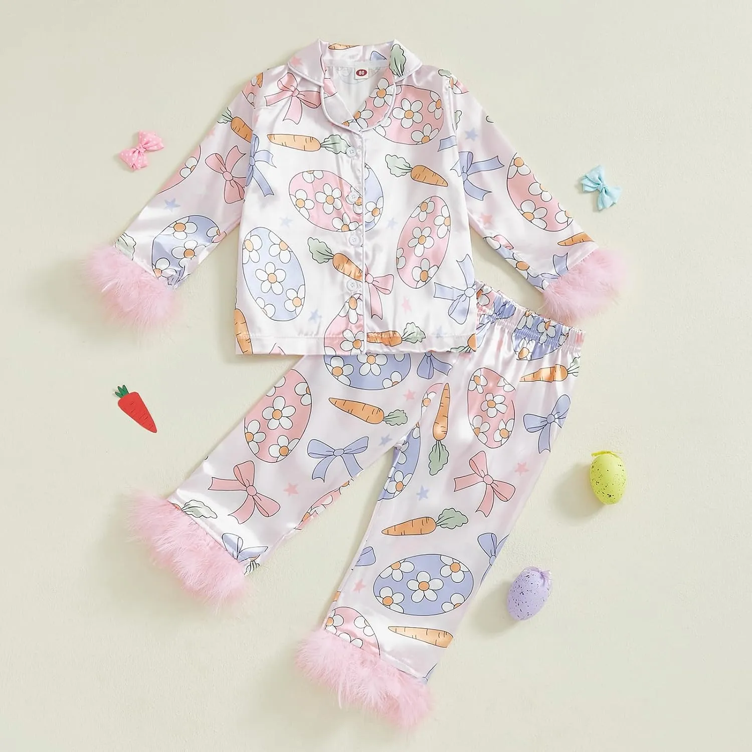 Toddler Baby Girl Boy Easter Satin Pajamas Set Cute Bunny Long Sleeve Button-up Shirt Top Long Pants Sleepwer