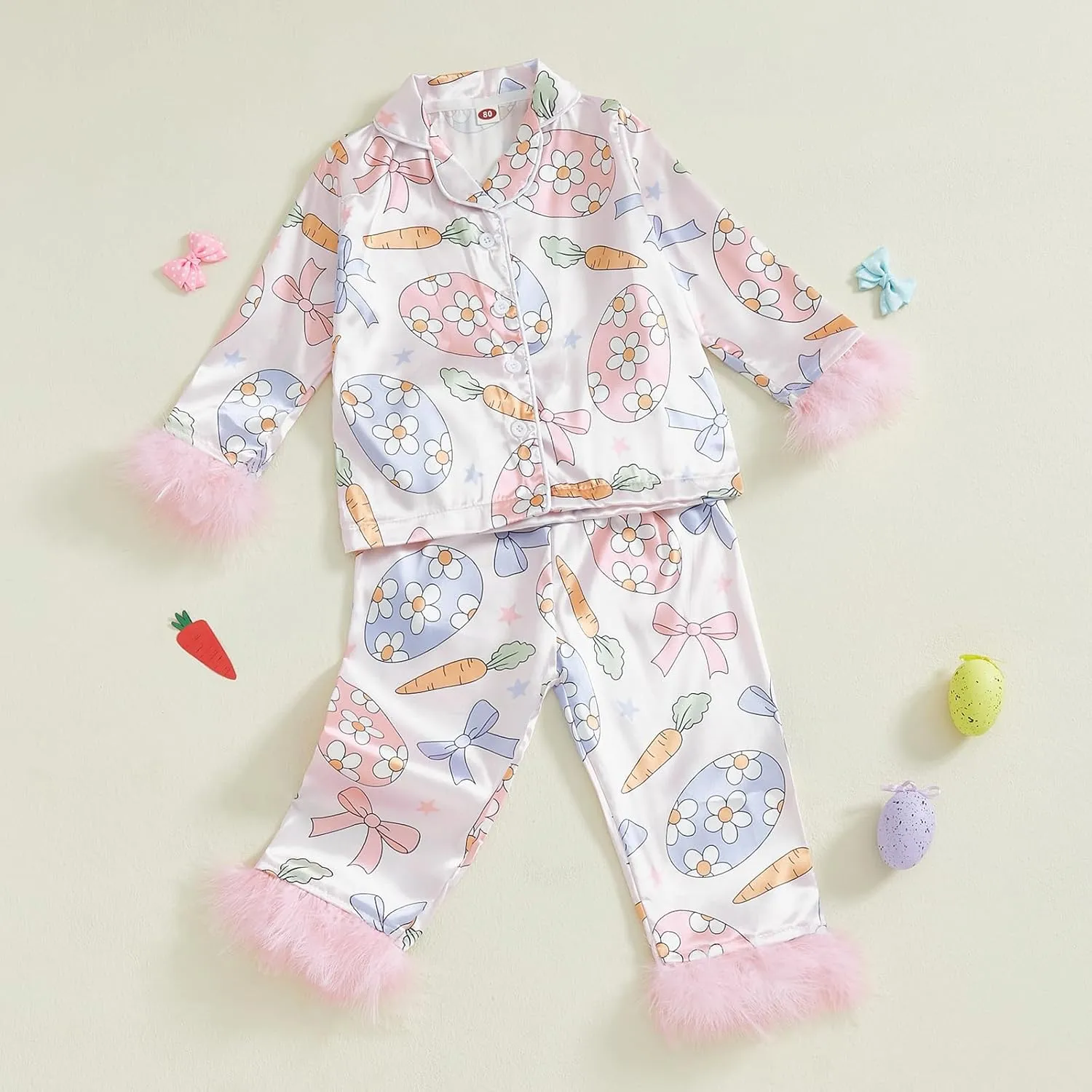 Toddler Baby Girl Boy Easter Satin Pajamas Set Cute Bunny Long Sleeve Button-up Shirt Top Long Pants Sleepwer
