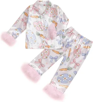 Toddler Baby Girl Boy Easter Satin Pajamas Set Cute Bunny Long Sleeve Button-up Shirt Top Long Pants Sleepwer