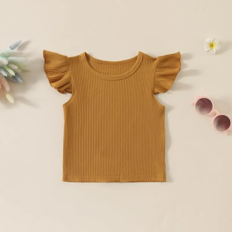Toddler Baby Girl Summer Clothes Ruffle Ribbed Knit Short Sleeves T-Shirt Tops   Shorts Cute Outfits Set