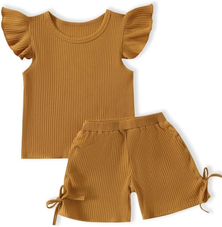 Toddler Baby Girl Summer Clothes Ruffle Ribbed Knit Short Sleeves T-Shirt Tops   Shorts Cute Outfits Set