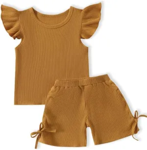 Toddler Baby Girl Summer Clothes Ruffle Ribbed Knit Short Sleeves T-Shirt Tops   Shorts Cute Outfits Set