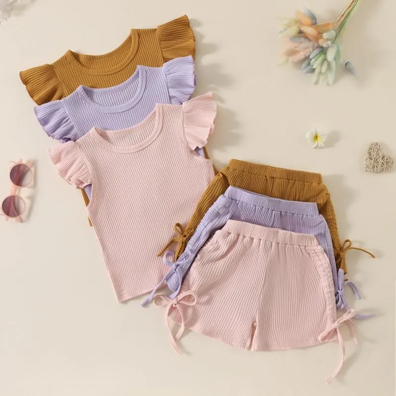 Toddler Baby Girl Summer Clothes Ruffle Ribbed Knit Short Sleeves T-Shirt Tops   Shorts Cute Outfits Set