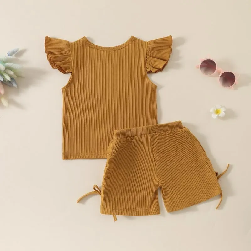 Toddler Baby Girl Summer Clothes Ruffle Ribbed Knit Short Sleeves T-Shirt Tops   Shorts Cute Outfits Set