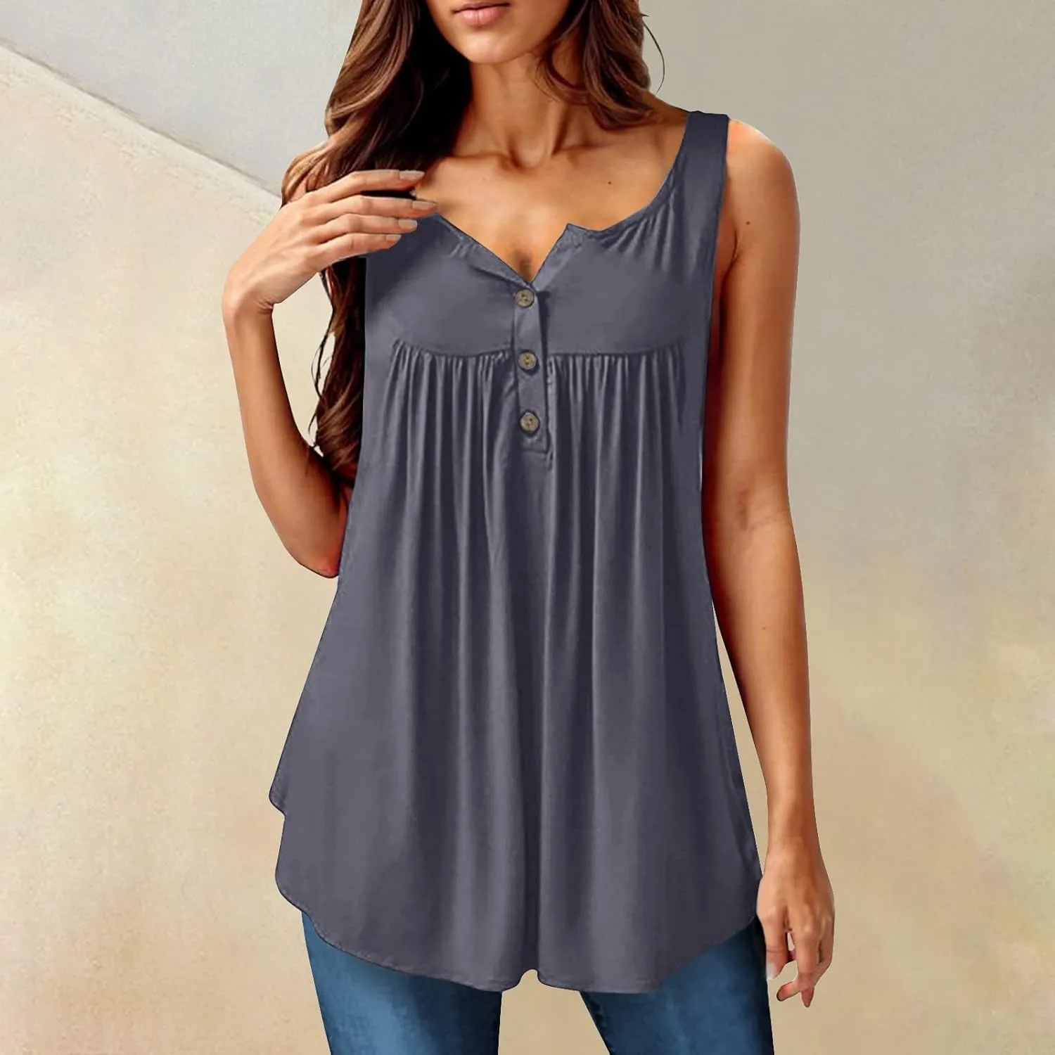 Tunic Tank Tops for Women Summer Sleeveless Button V Neck Blouse Loose Pleated Tanks Blouses Dressy Casual