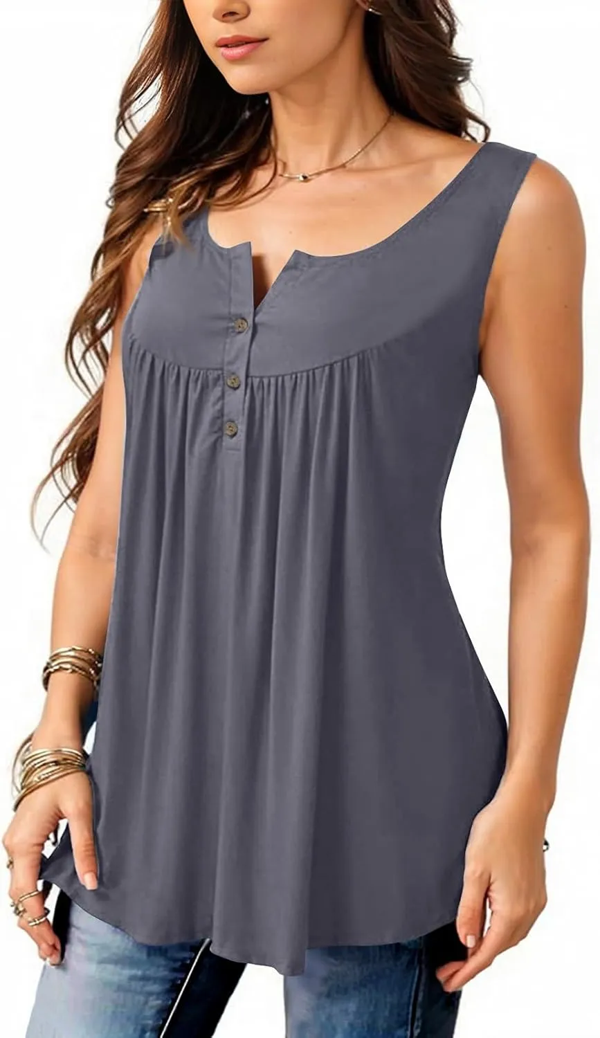 Tunic Tank Tops for Women Summer Sleeveless Button V Neck Blouse Loose Pleated Tanks Blouses Dressy Casual